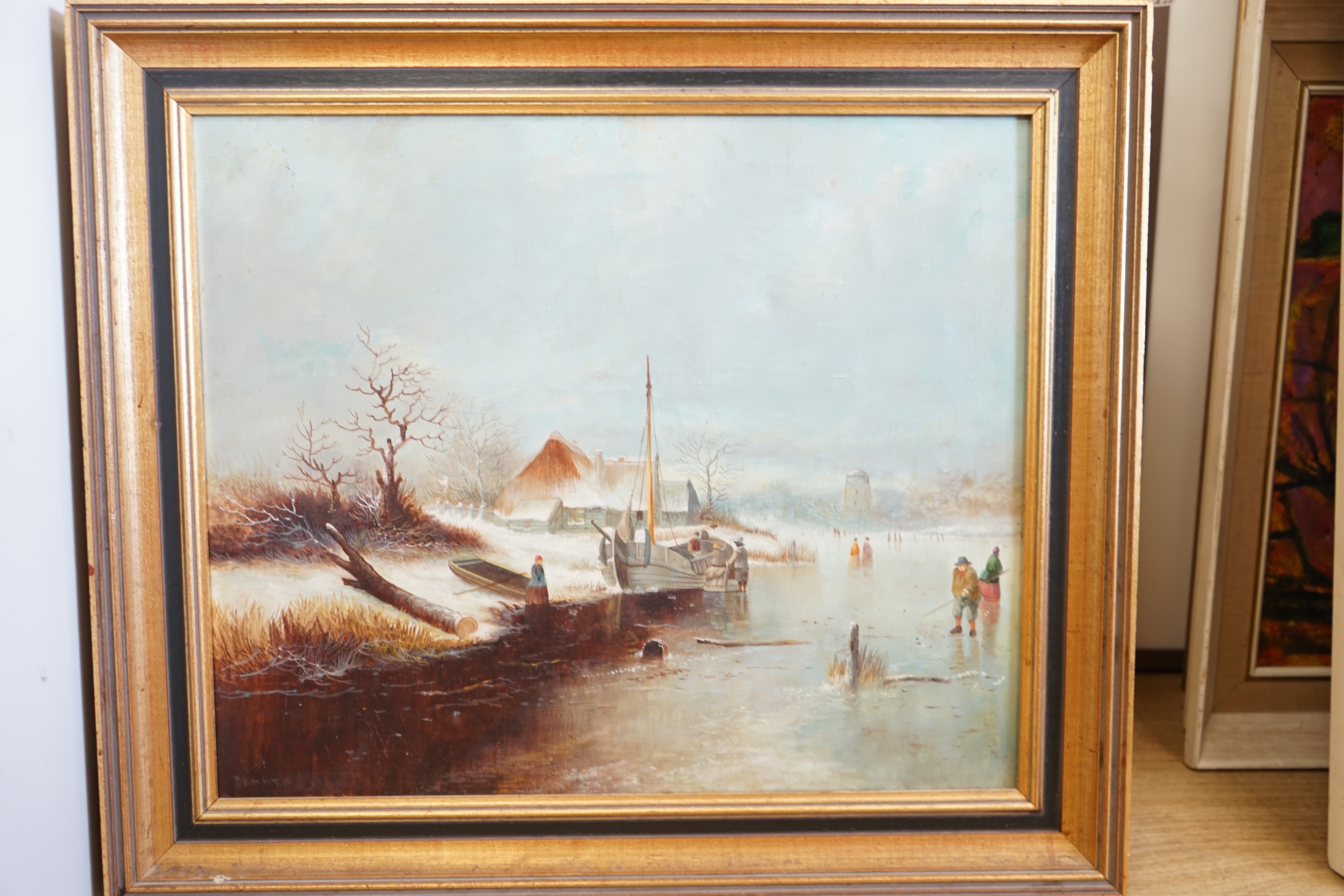 Dutch School, oil on canvas, Winter landscape with figures skating, bears indistinct signature, 49 x 59cm. Condition - fair, would benefit from a clean